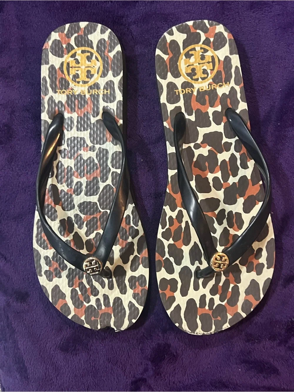 Tory Burch Leopard-Print Flip Flops with Black Straps and Gold Logo